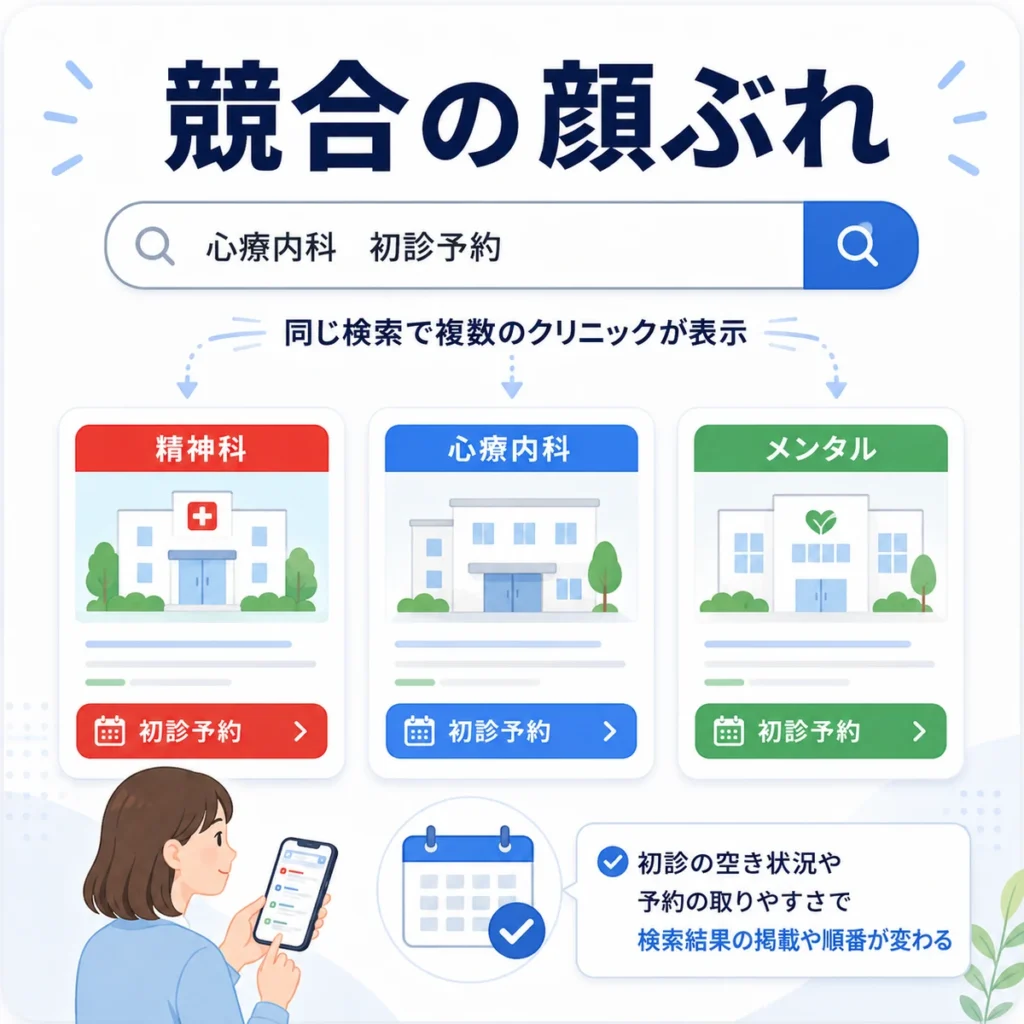 精神科や心療内科、メンタルクリニックが検索広告上で競合する様子を示すイラスト