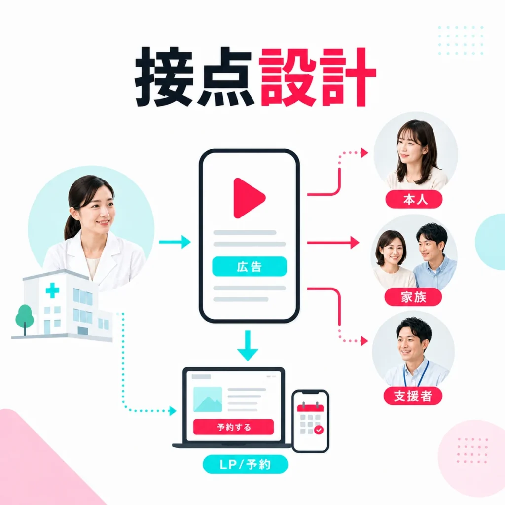 精神科クリニックの有料広告から本人・家族・支援者へ接点を設計する流れを示すイラスト