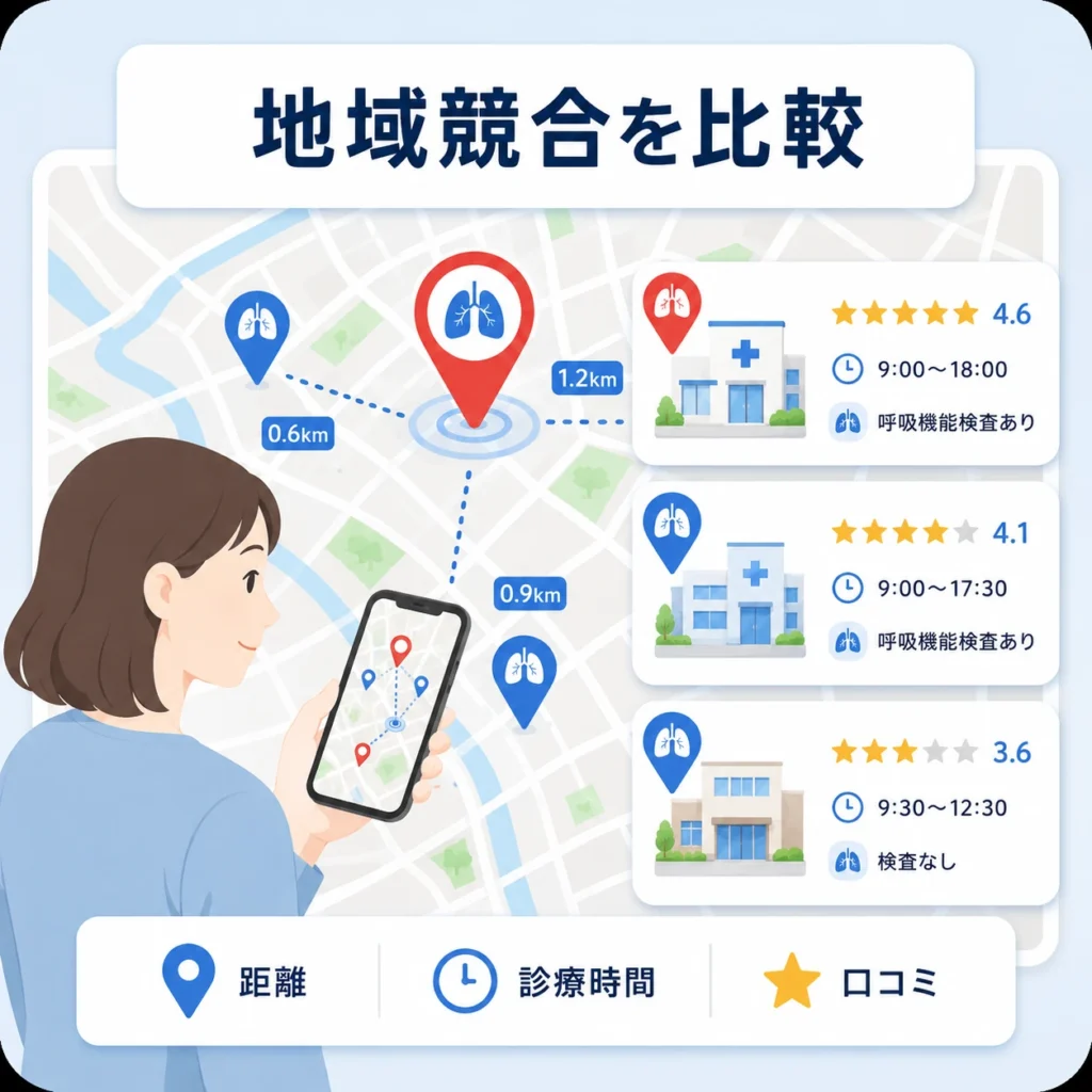 呼吸器内科クリニックがGoogleマップ上で距離・診療時間・口コミにより比較される様子を示すイラスト