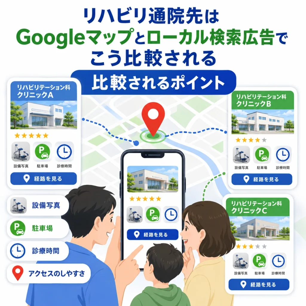 リハビリ通院先が地図上で設備写真・駐車場・診療時間・アクセスのしやすさで比較される様子を示すイラスト