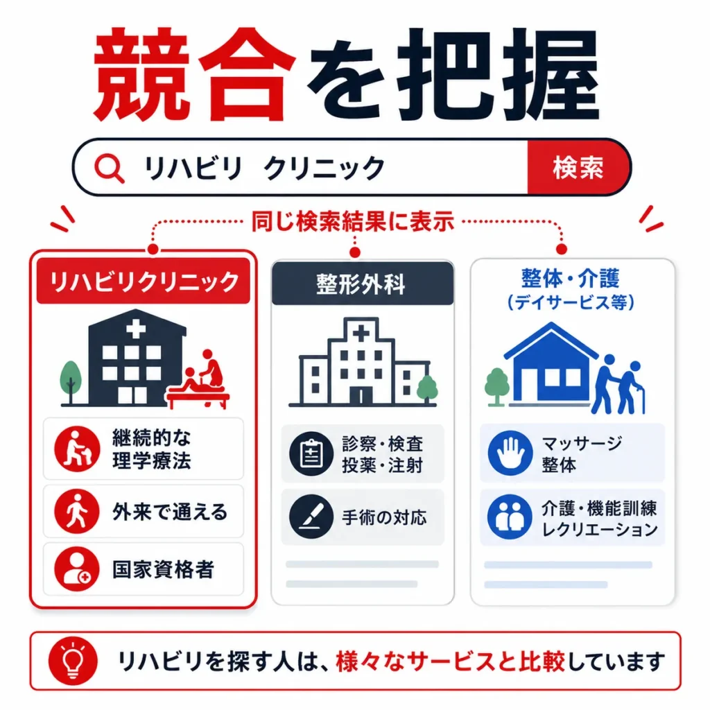 リハビリ先を探す検索結果で整形外科や整体、介護サービスと比較される状況を示すイラスト