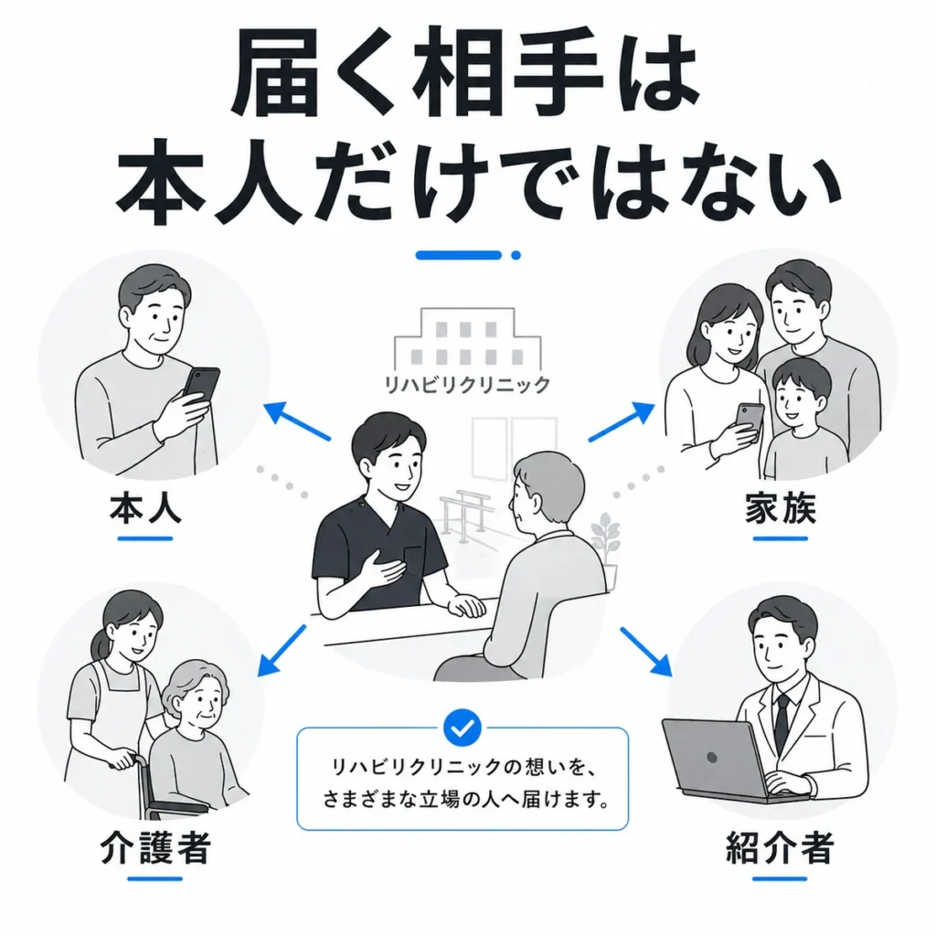 リハビリテーション科クリニックのX広告が本人だけでなく家族や介護者、紹介者にも届くことを示すイラスト