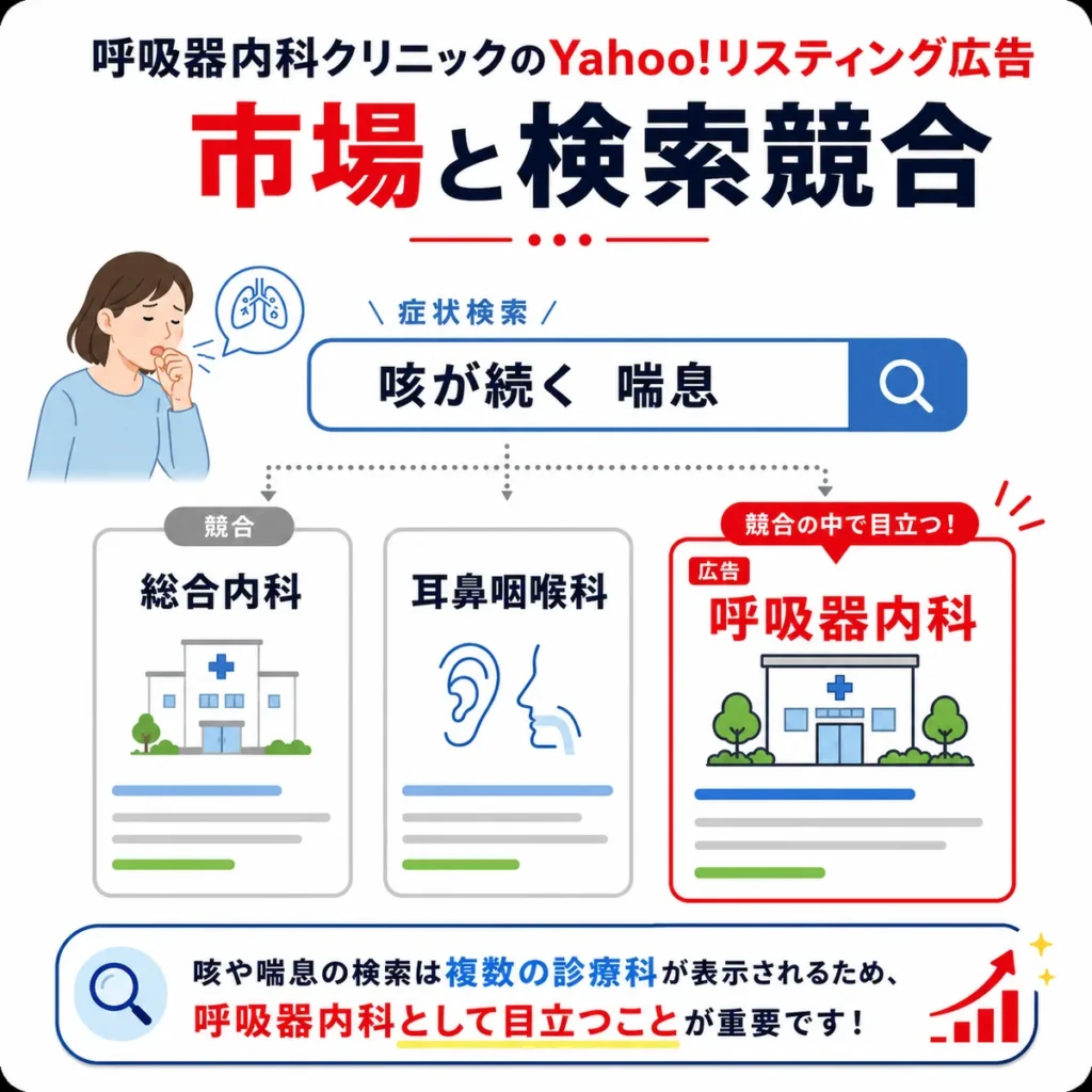 咳や喘息の症状検索で総合内科や耳鼻咽喉科と競合する中、呼吸器内科が目立つ必要性を示すイラスト