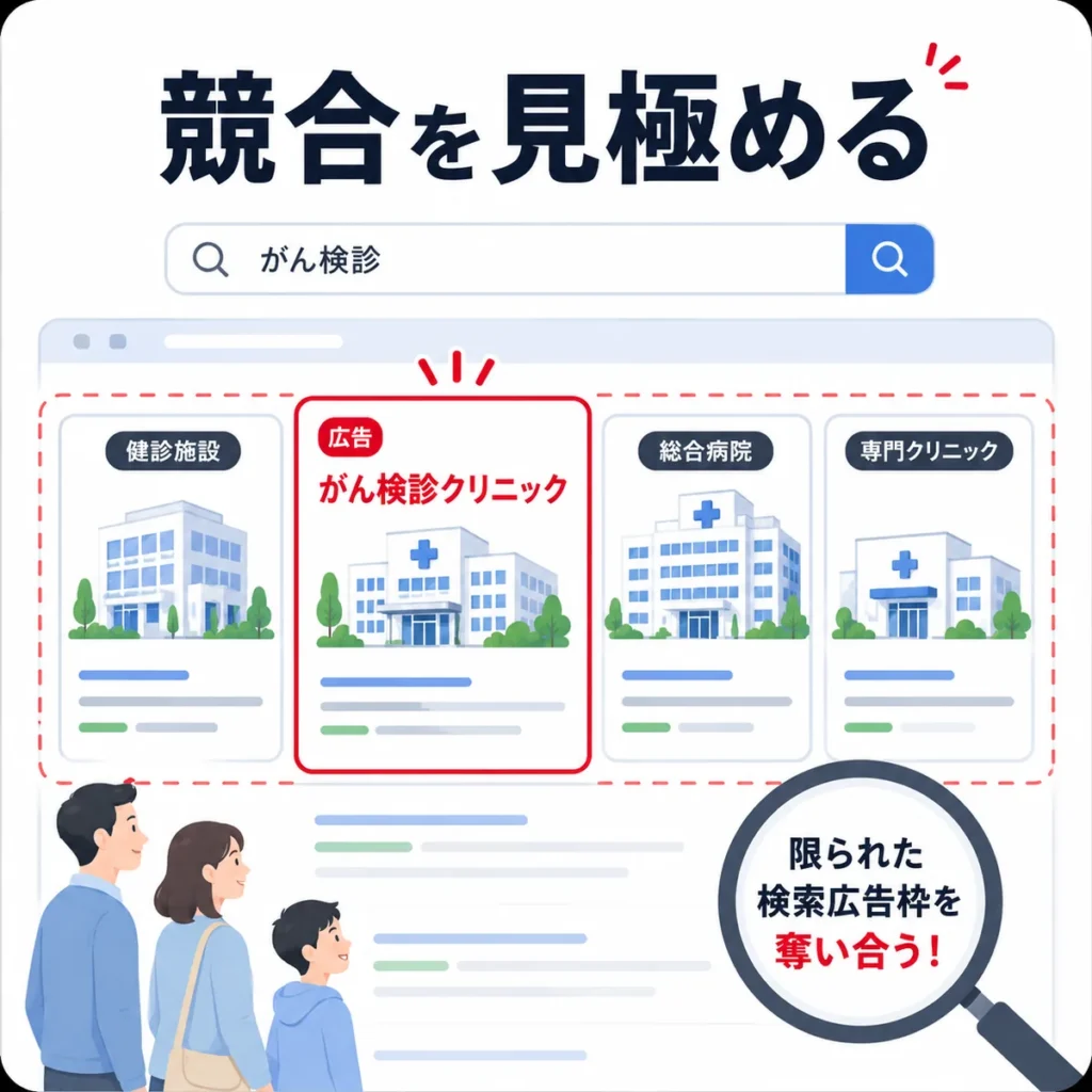 がん検診クリニックが健診施設や総合病院などと検索広告枠を競う構図を示すイラスト