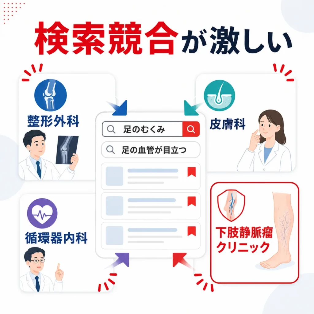 下肢静脈瘤治療クリニックが整形外科や皮膚科などと検索広告で競合する様子を示すイラスト