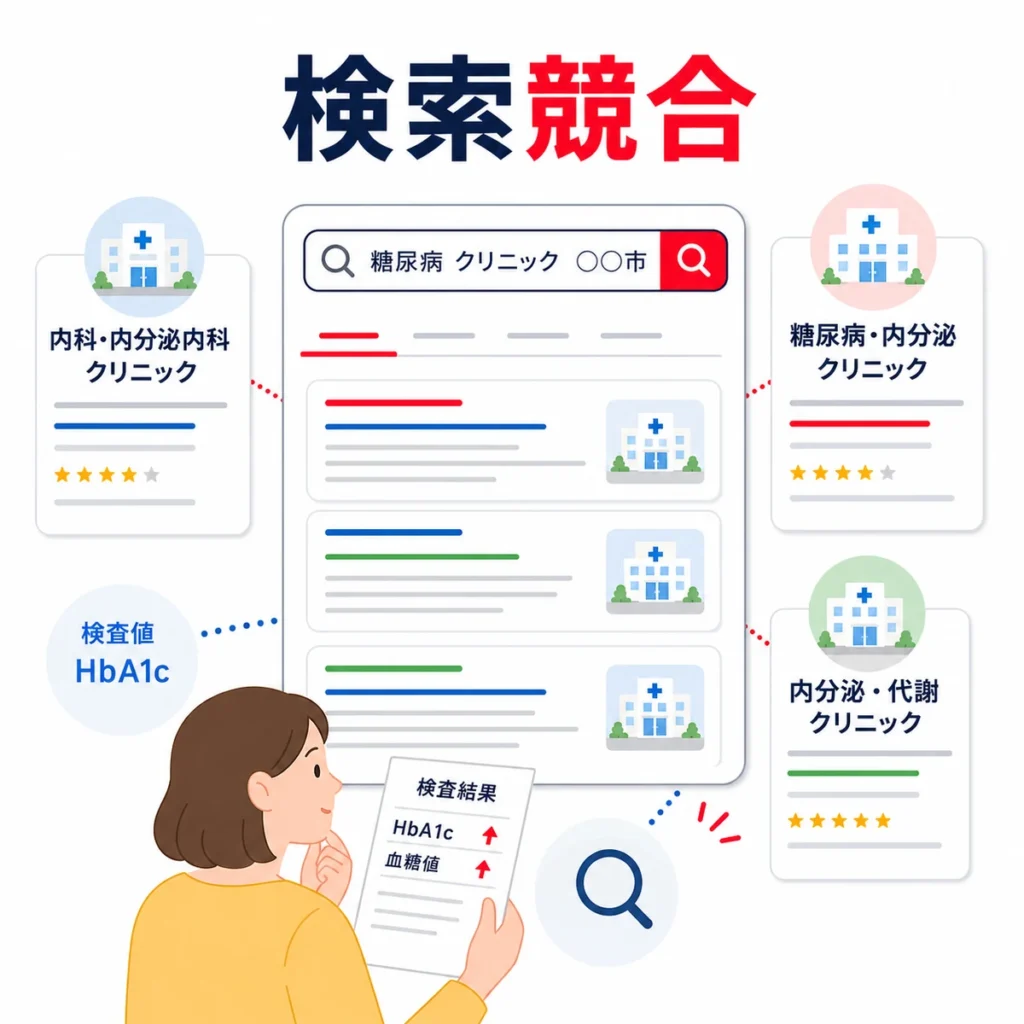 糖尿病・内分泌内科クリニックの検索広告で競合が集まる検索市場を示すイラスト