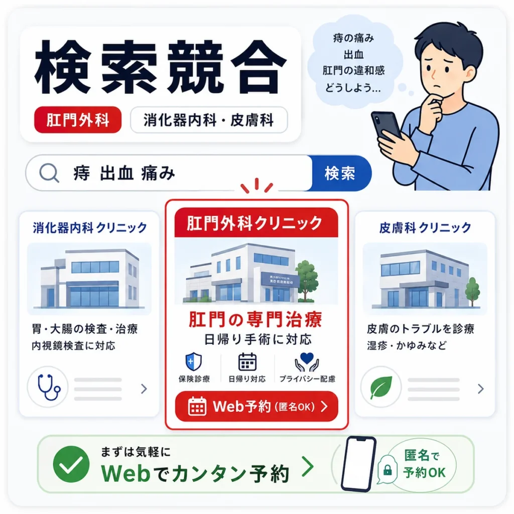 肛門外科クリニックがYahoo!検索広告で消化器内科や皮膚科と比較される検索競合を示すイラスト