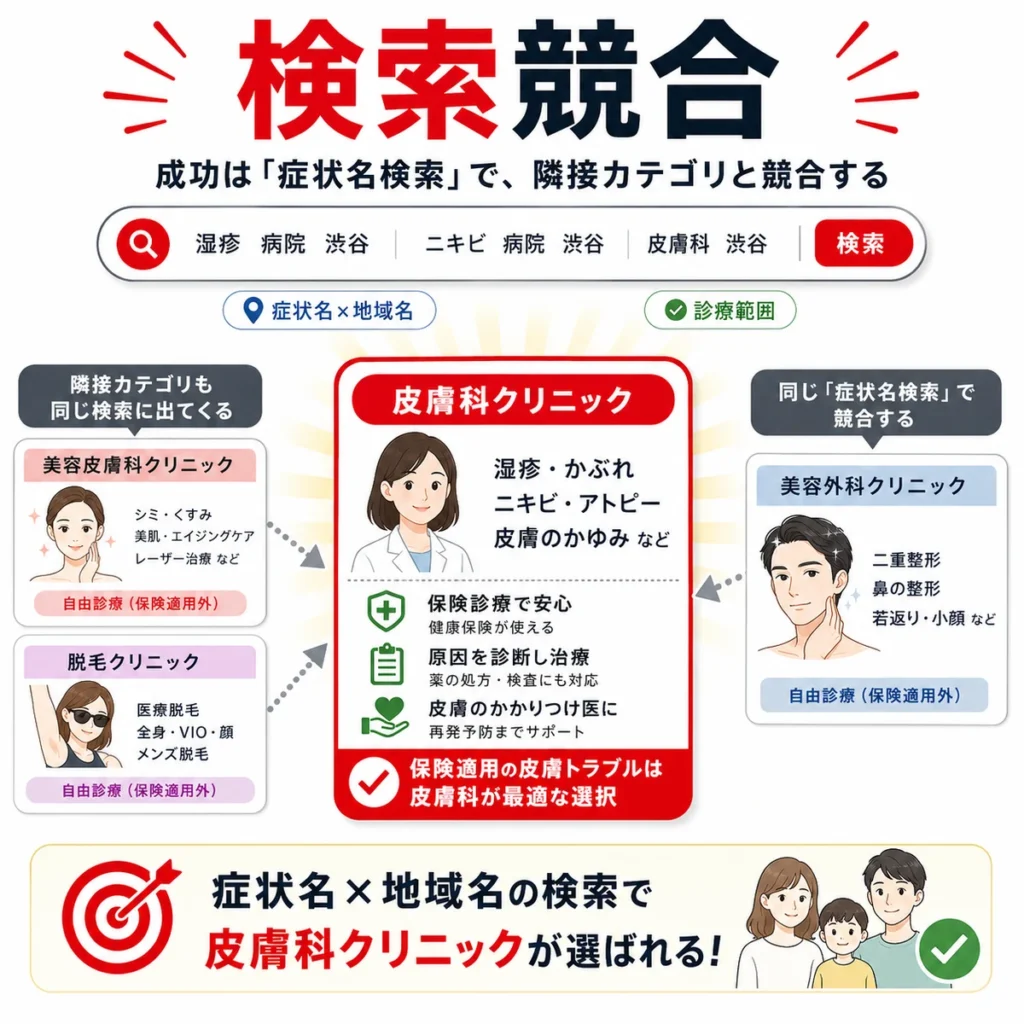 症状名と地域名の検索で皮膚科クリニックが美容皮膚科や形成外科と競合する様子を示すイラスト