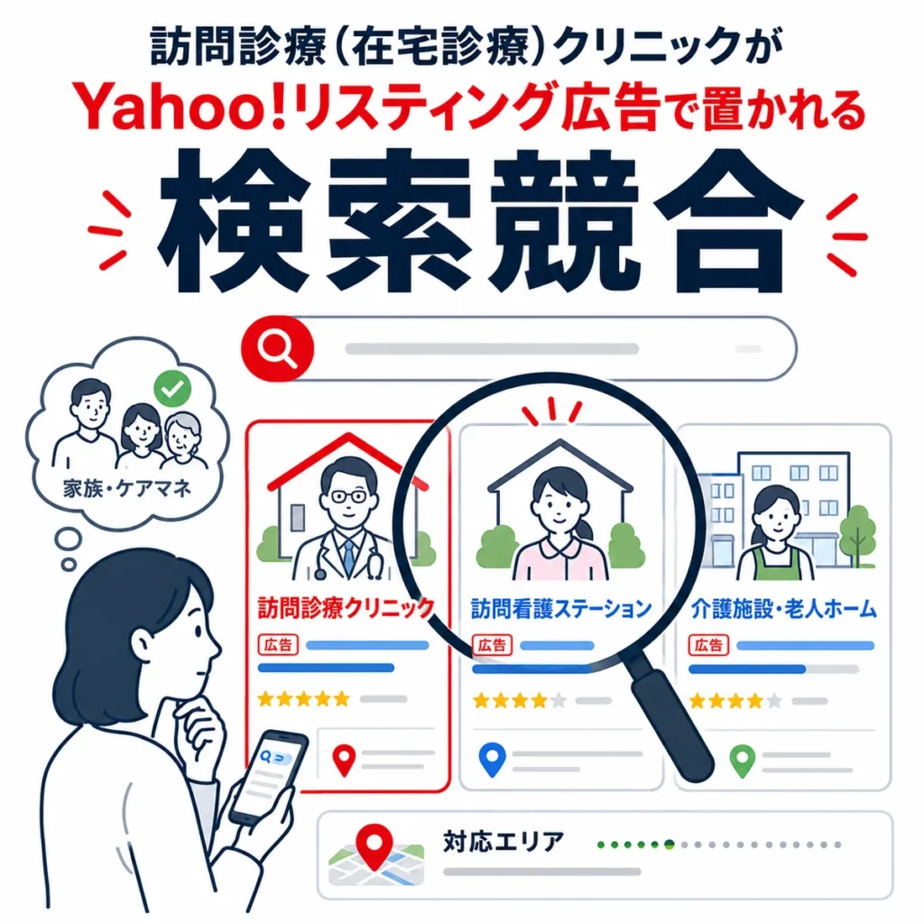訪問診療クリニックが検索結果で訪問看護や介護施設と比較される検索競合を示すイラスト