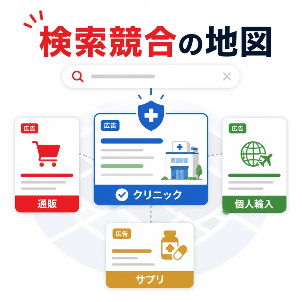 メンズヘルスのYahoo!リスティング広告が通販や個人輸入、サプリ広告と競合する検索面を示すイラスト