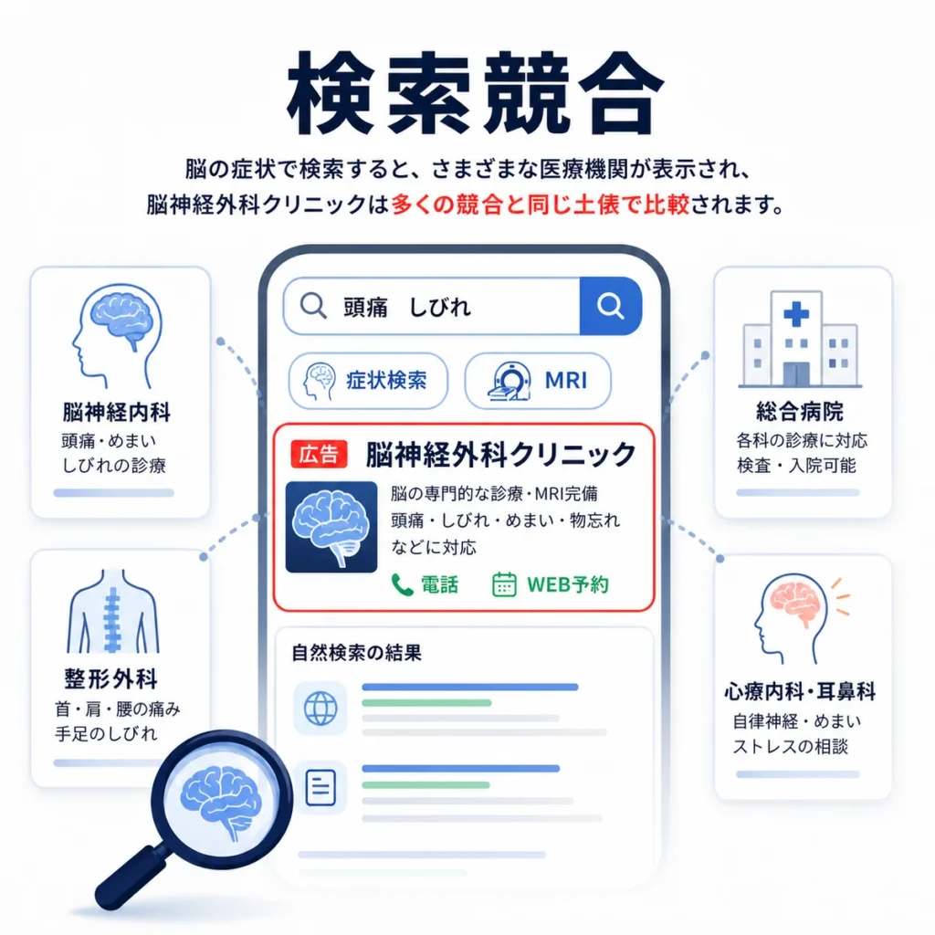 脳神経外科クリニックが検索結果で他の医療機関や自然検索枠と競合する様子を示すイラスト