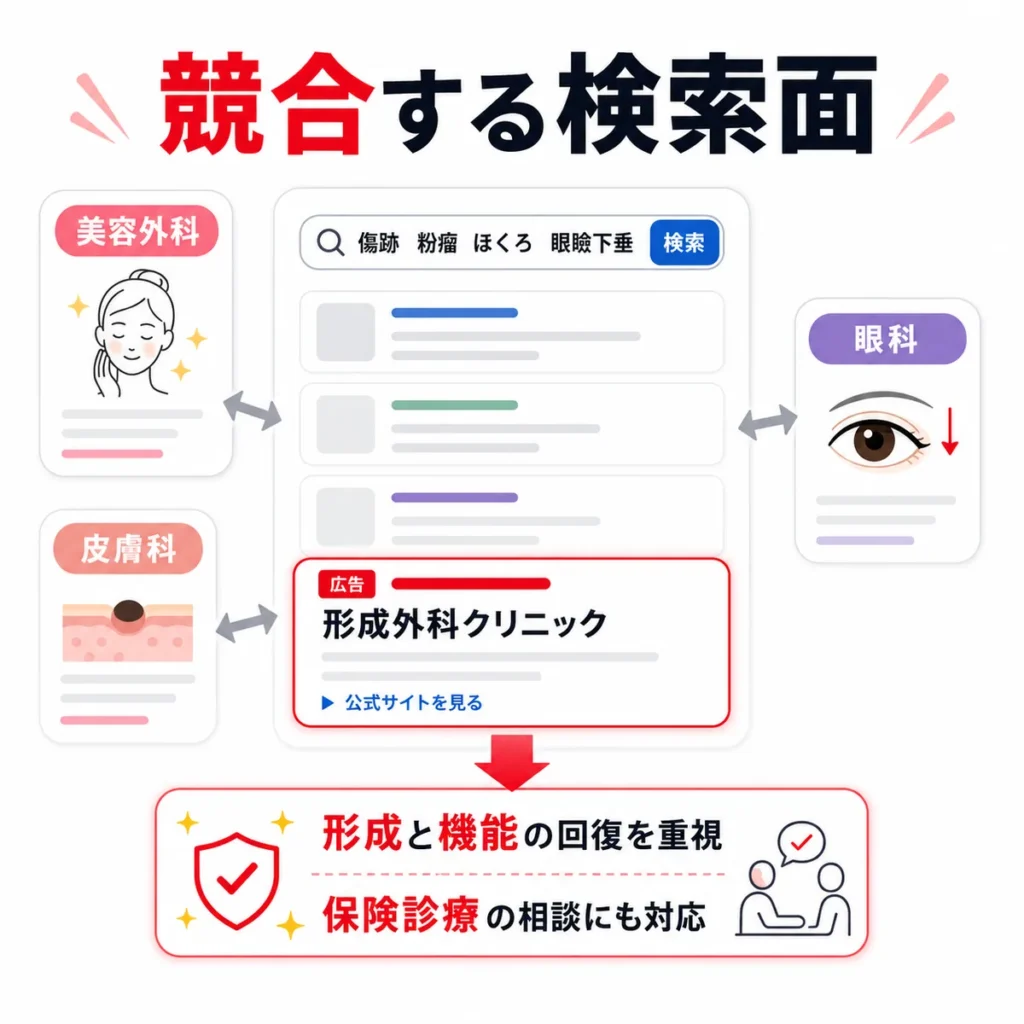 形成外科が美容外科・皮膚科・眼科と検索結果上で競合する仕組みを示すイラスト