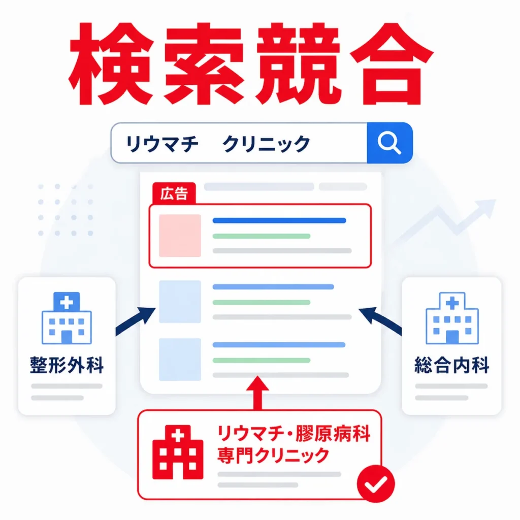 リウマチ・膠原病科クリニックが整形外科や総合内科と検索広告枠で競合する様子を示すイラスト