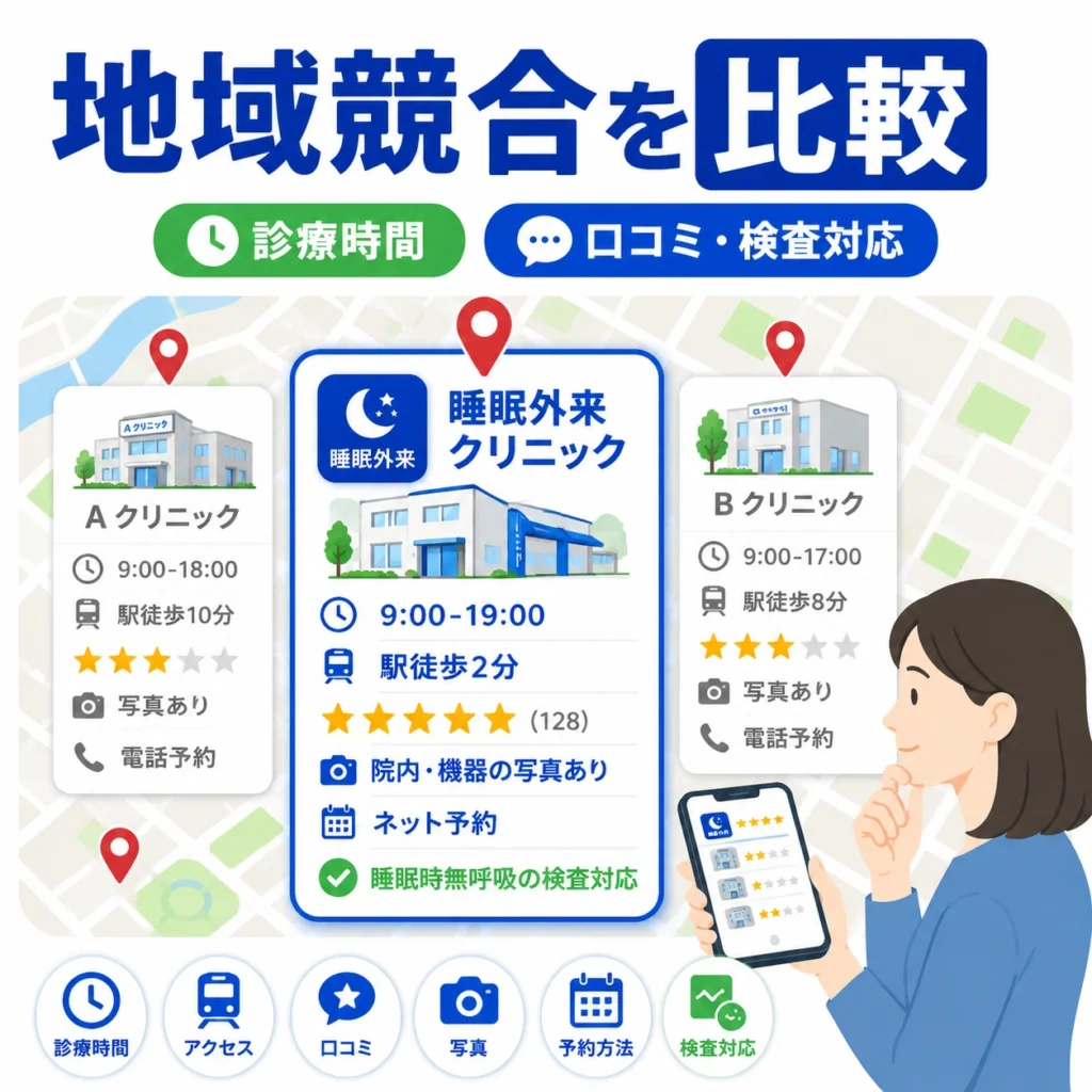 睡眠外来クリニックが地域競合と診療時間・口コミ・検査対応で比較される様子を示すイラスト