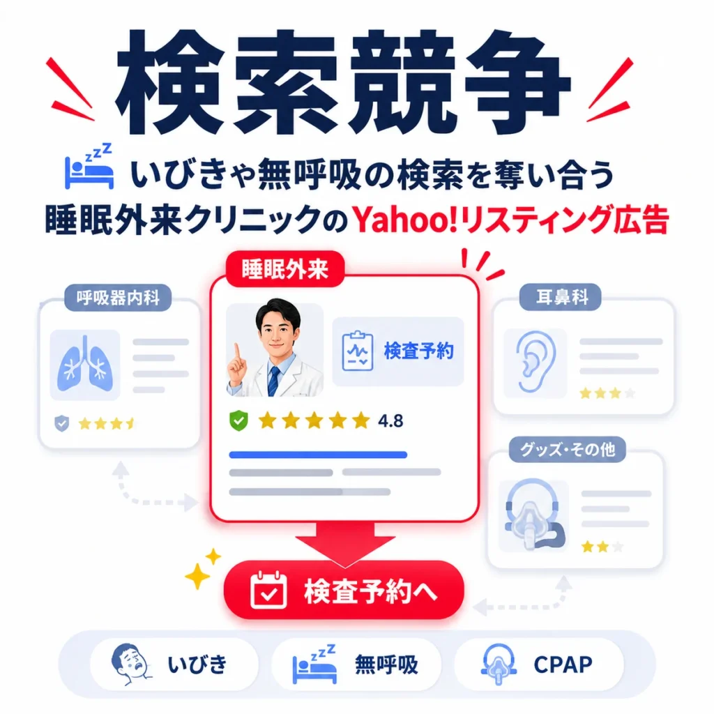 いびきや無呼吸の検索結果で睡眠外来クリニックが競合と検査予約を奪い合う様子を示すイラスト