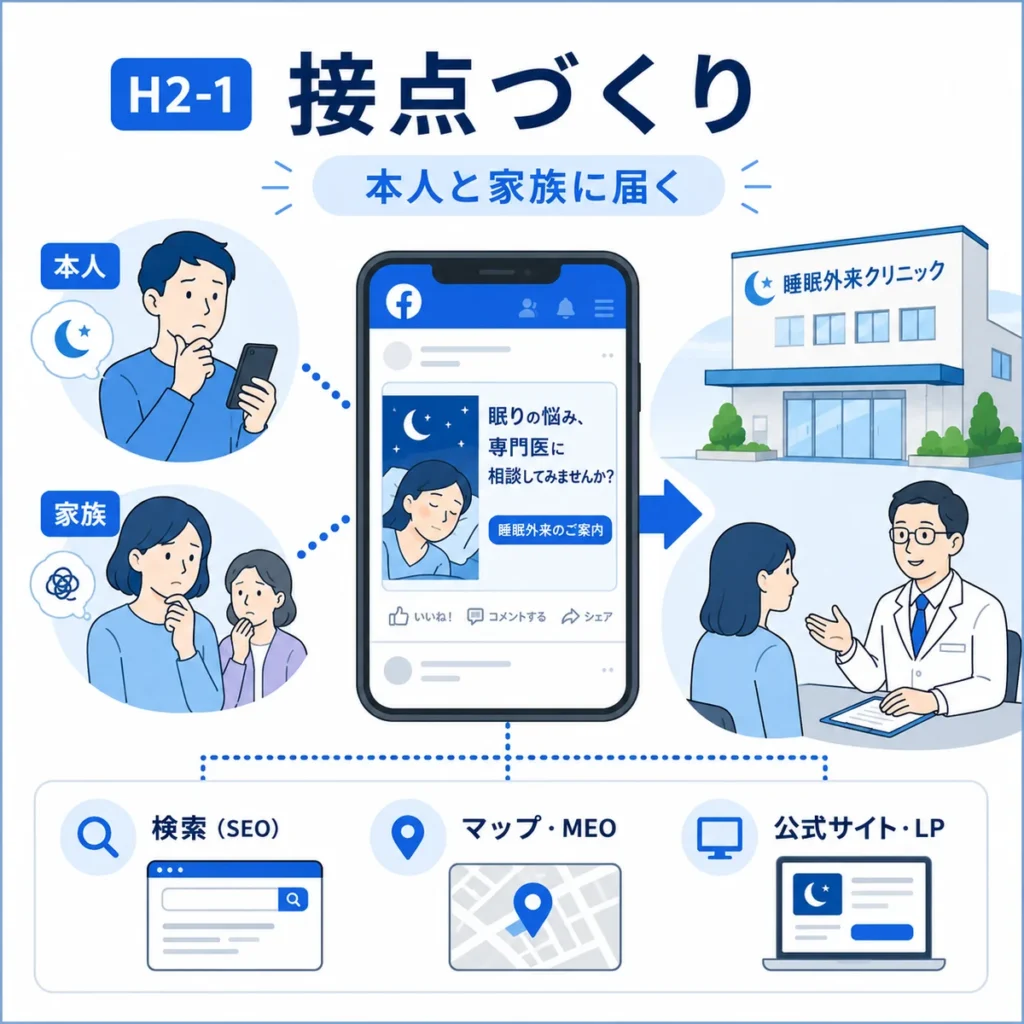 睡眠外来クリニックがFacebook広告で本人と家族に接点を作る流れを示すイラスト