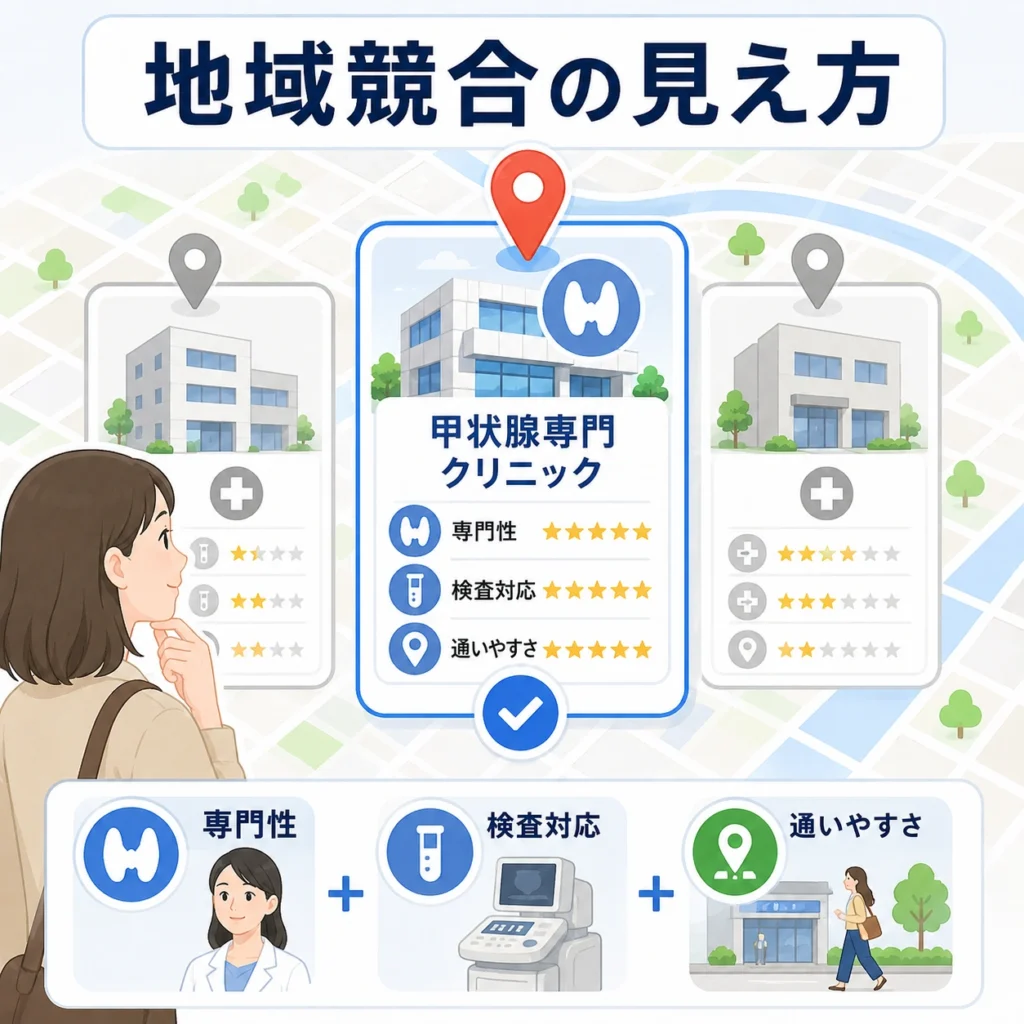 甲状腺専門クリニックが地域競合の中で専門性・検査対応・通いやすさを比較される様子を示すイラスト