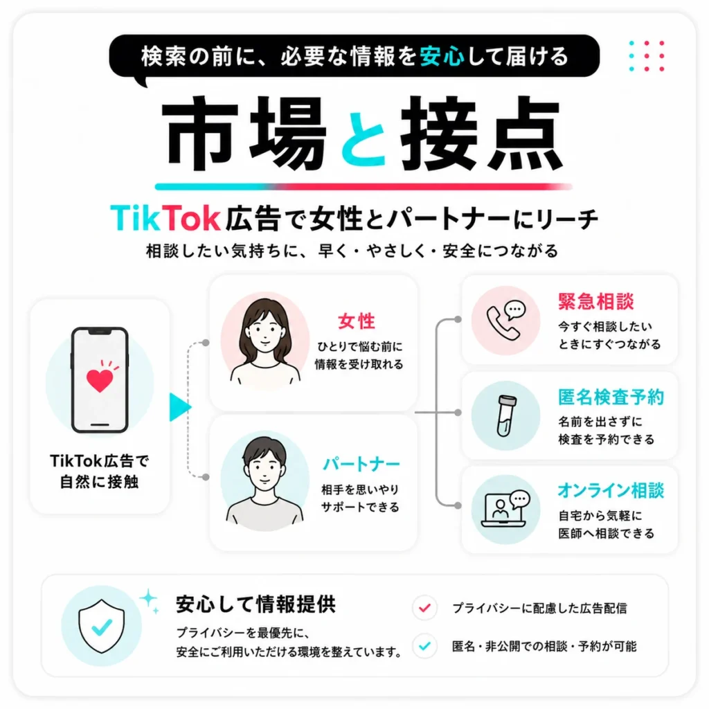 TikTok広告で女性やパートナーに安全に情報を届ける市場と接点を示すイラスト