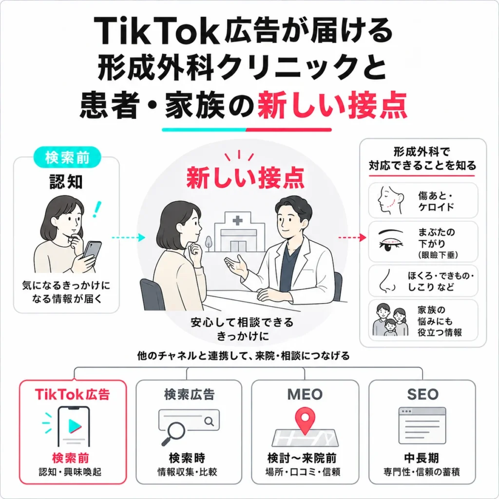 TikTok広告が形成外科クリニックと患者や家族の新しい接点になることを示すイラスト