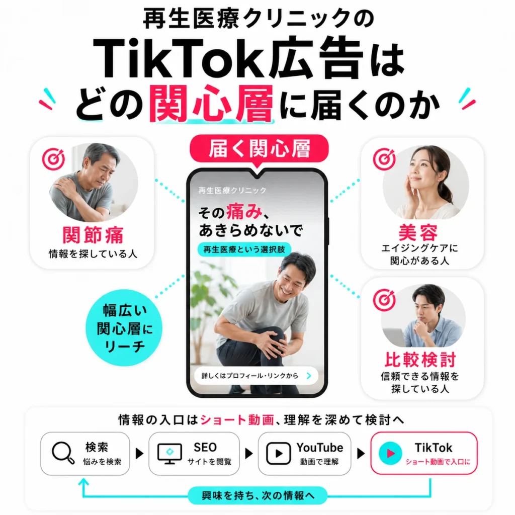 再生医療クリニックのTikTok広告が関節痛や美容、比較検討層など幅広い関心層に届くことを示すイラスト