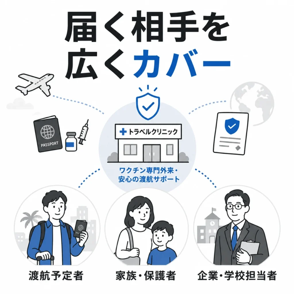 渡航予定者・家族・企業担当者にトラベルクリニックの情報が届く流れを示すイラスト