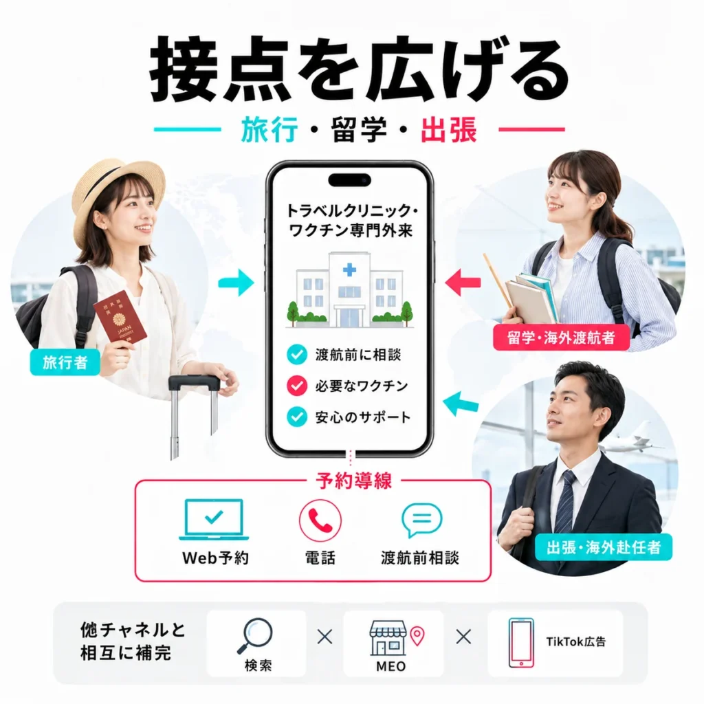 旅行者・留学生・出張者にトラベルクリニックの相談導線を広げる仕組みを示すイラスト