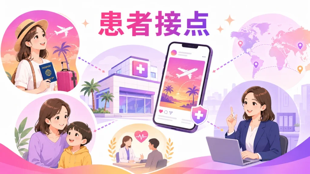 渡航予定者や法人担当者がInstagram広告でトラベルクリニックを見つける接点のイラスト