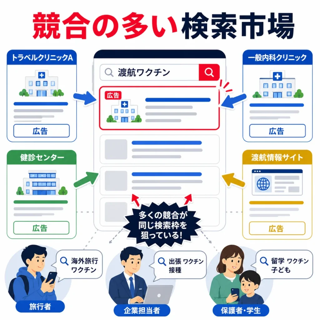 渡航ワクチンのYahoo!リスティング広告で多くの競合が検索枠を狙う市場を示すイラスト