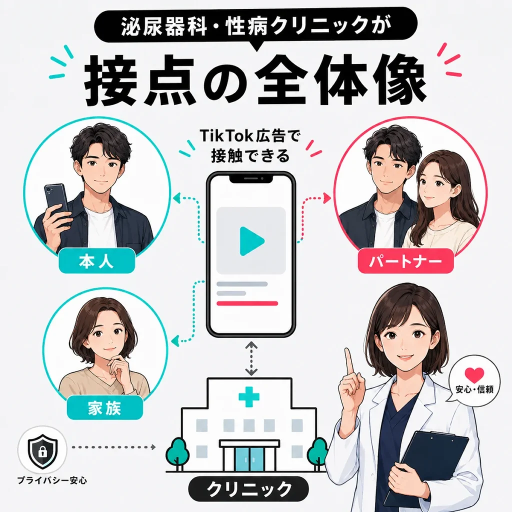 TikTok広告で本人やパートナー、家族と泌尿器科クリニックが接点を持つ流れを示すイラスト