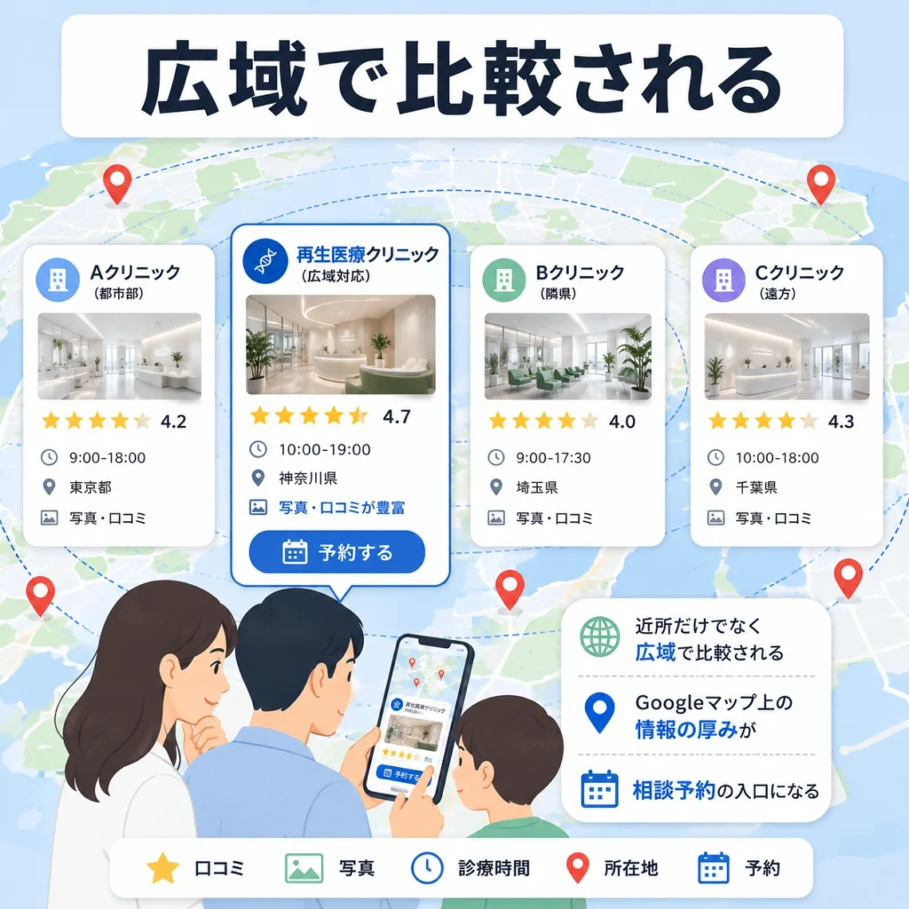 再生医療クリニックが近隣だけでなく広域で比較検討されることを示すイラスト