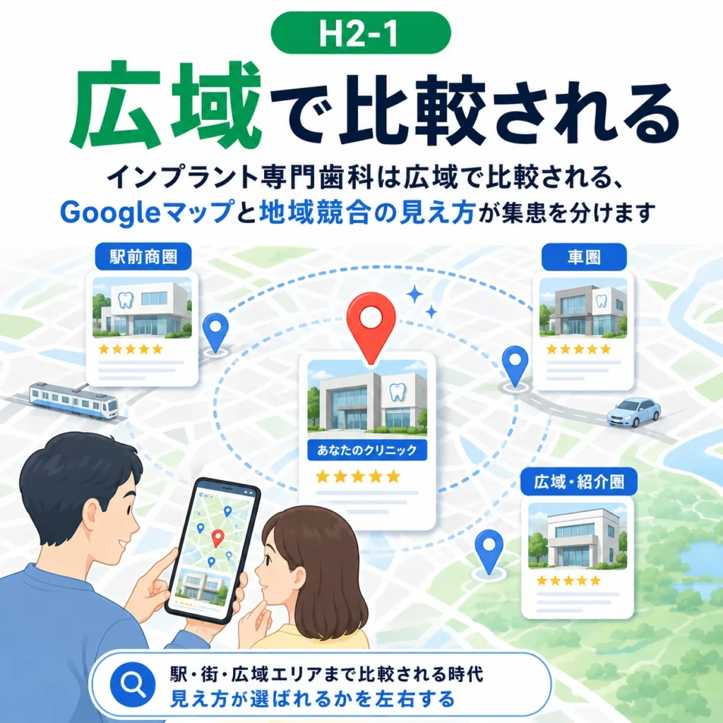 インプラント専門歯科が駅前商圏・車圏・広域紹介圏で比較される様子を示すイラスト
