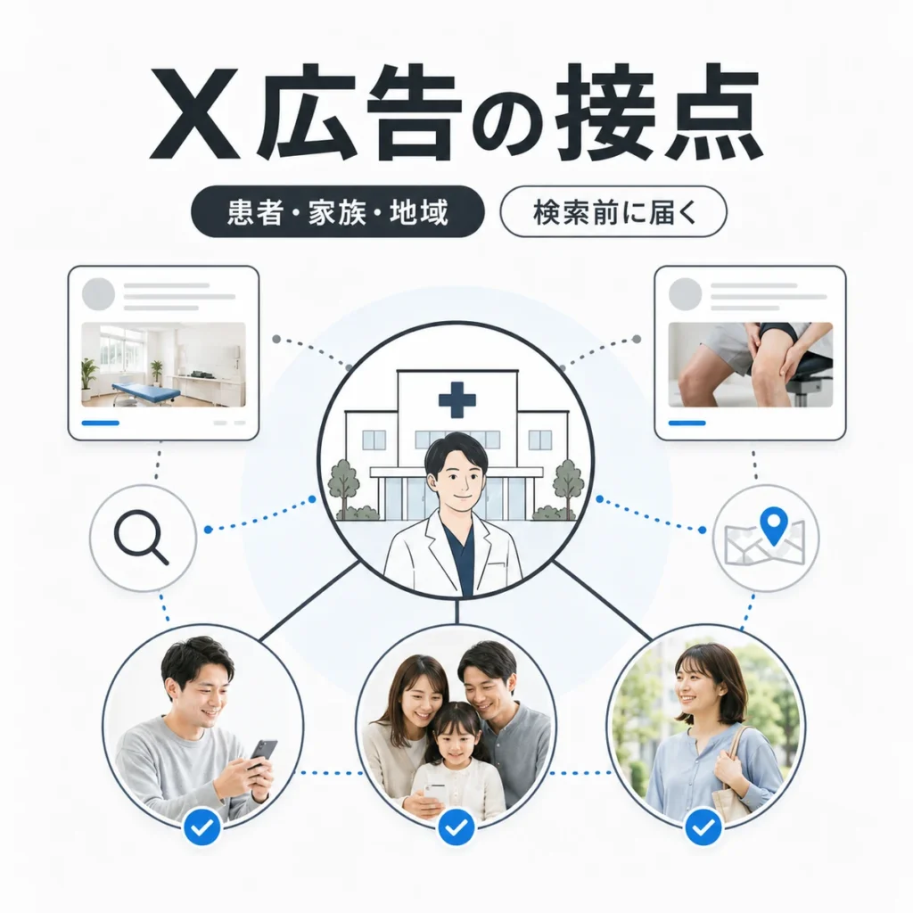 整形外科クリニックのX広告が患者、家族、地域生活者との接点を作ることを示すイラスト