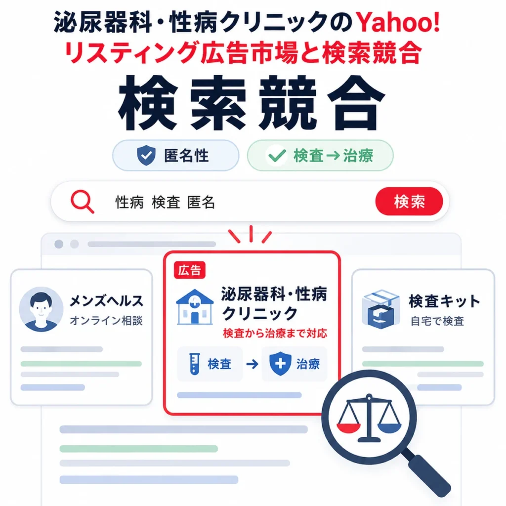 泌尿器科・性病クリニックの検索広告市場で、メンズヘルスや検査キットと検索競合する様子を示すイラスト