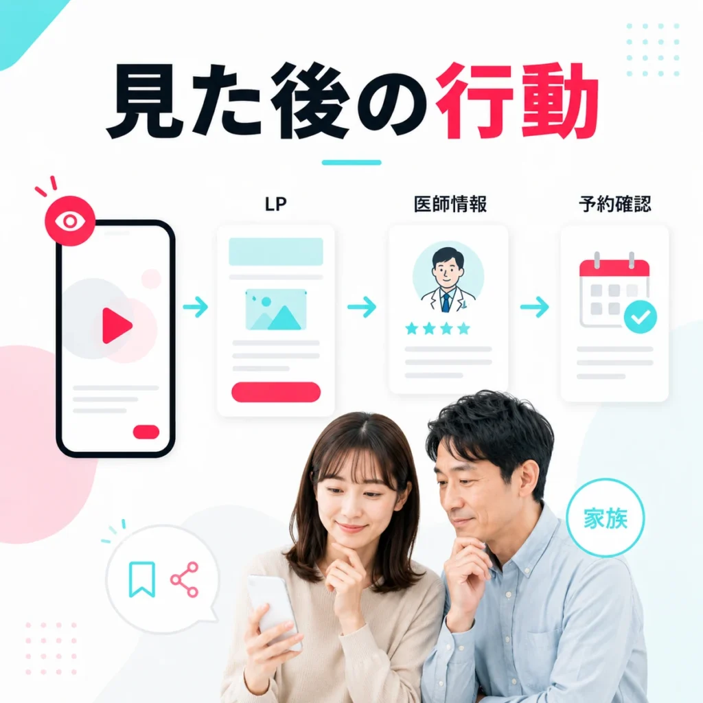 TikTok広告を見た本人や家族がLP、医師情報、予約確認へ進む行動を示すイラスト