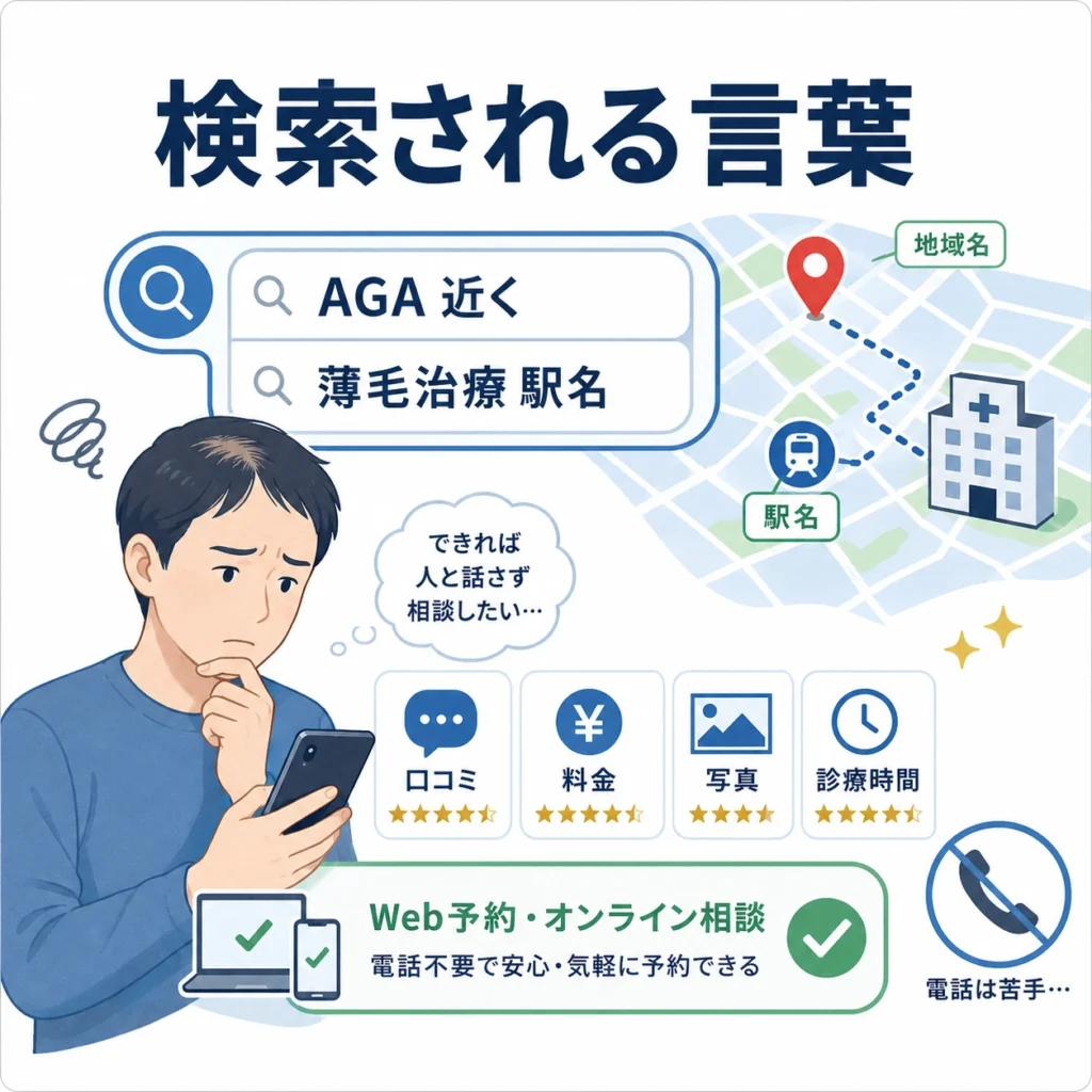 薄毛に悩む本人がAGA近くや薄毛治療駅名などの検索語でクリニックを探す様子を示すイラスト