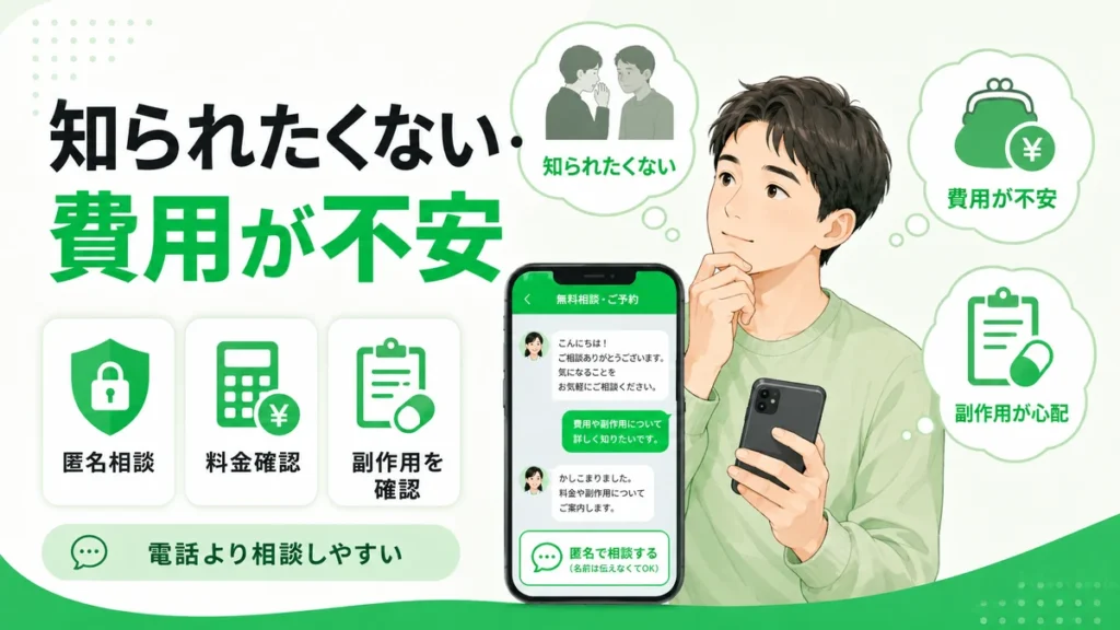 AGA広告に反応する患者が抱える匿名相談、料金確認、副作用への不安を示すイラスト