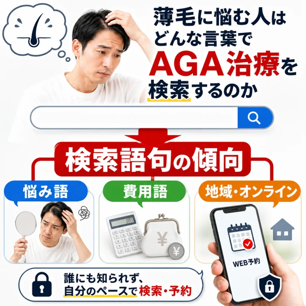 薄毛に悩む人が悩み語・費用語・地域やオンライン語でAGA治療を検索する流れを示すイラスト