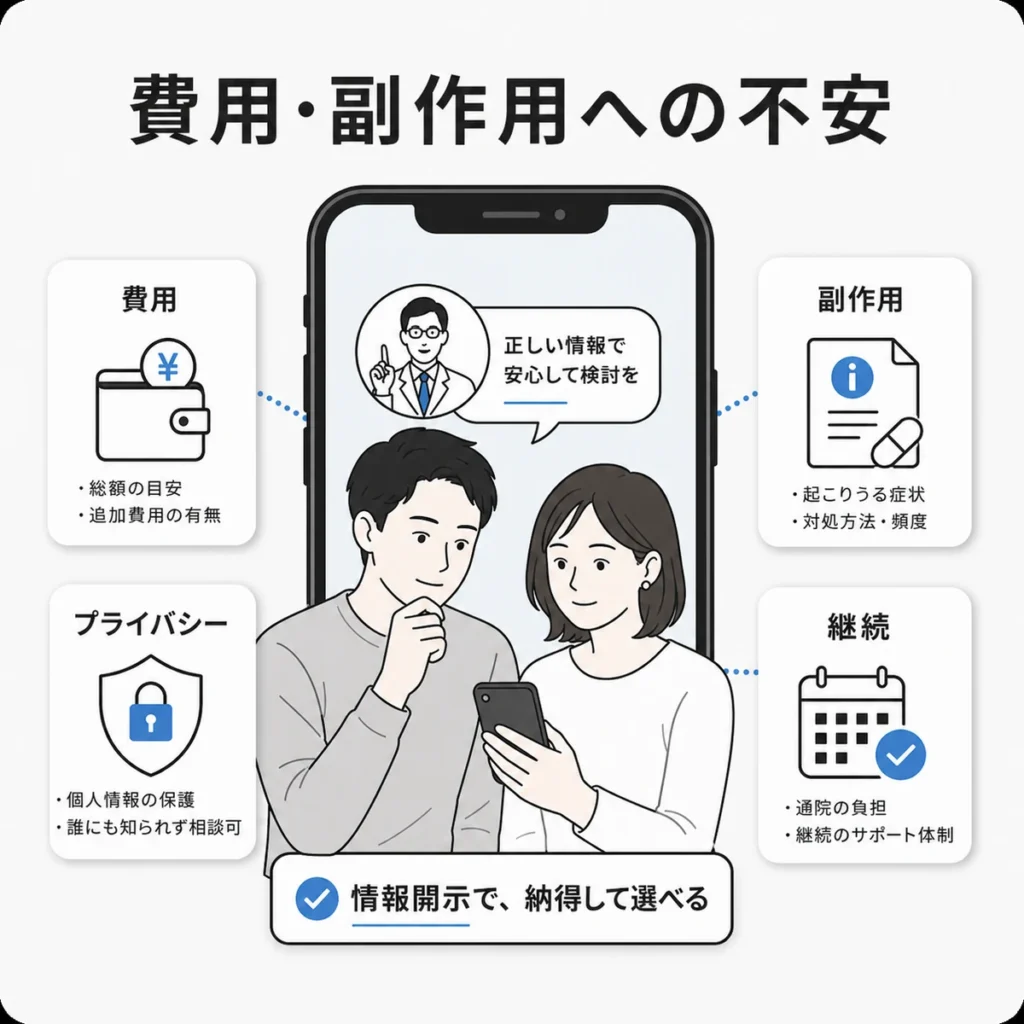 AGA治療の費用や副作用、プライバシーへの不安を情報開示で支えるイラスト