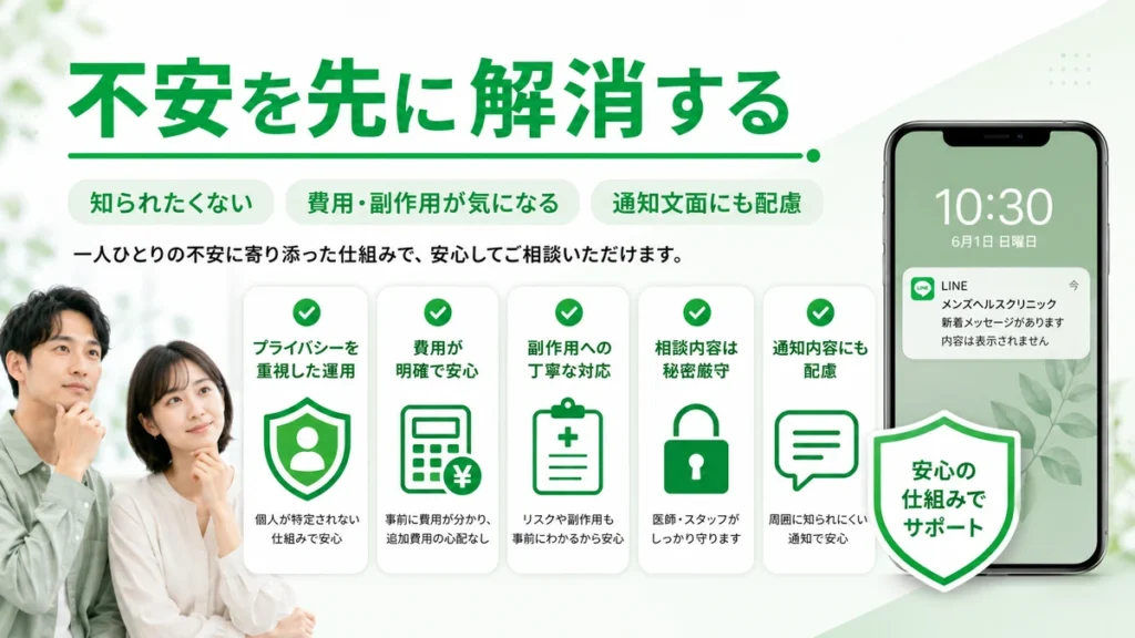 LINE広告を見た本人やパートナーの不安をプライバシーや費用面から解消する仕組みを示すイラスト