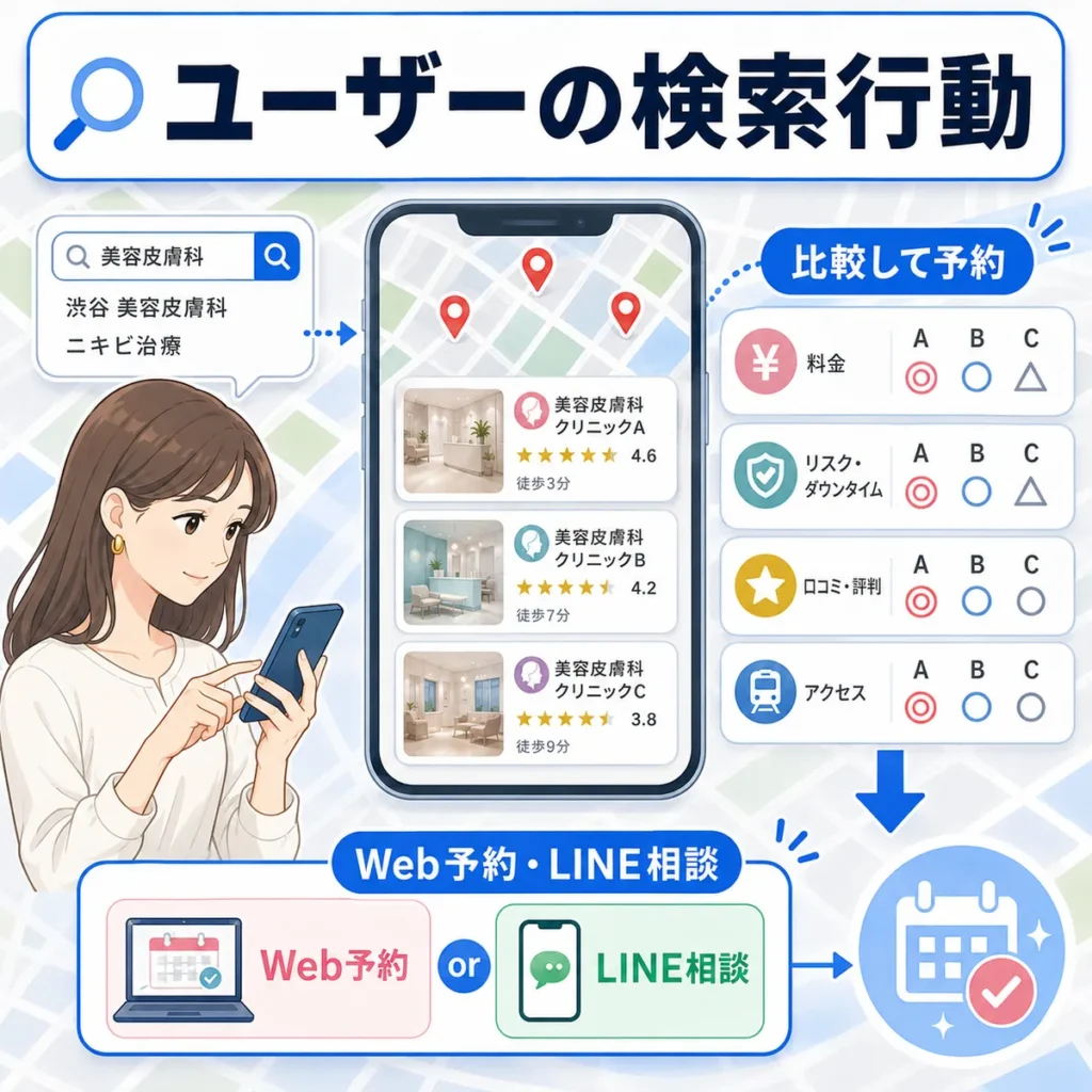 美容皮膚科を探すユーザーがスマートフォンで検索し、料金や口コミを比較して予約へ進む流れを示すイラスト