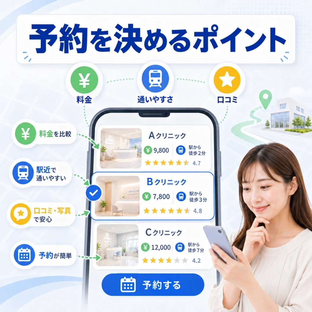 医療脱毛を探す人が料金・通いやすさ・口コミを見て予約先を決める流れを示すイラスト
