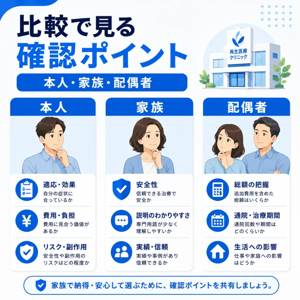 本人・家族・配偶者が再生医療の比較検討で確認するポイントを整理したイラスト