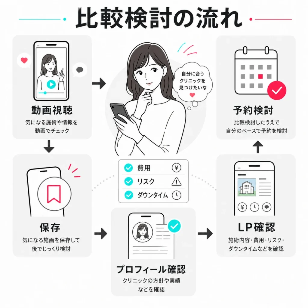 美容外科検討者が動画視聴から保存、プロフィール確認、LP確認、予約検討へ進む流れを示すイラスト