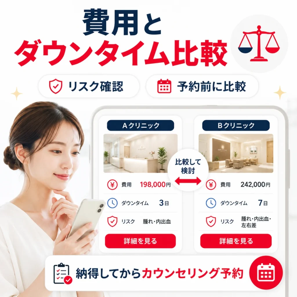 美容外科を探す患者が費用やダウンタイムやリスクを比較して予約を検討する様子のイラスト