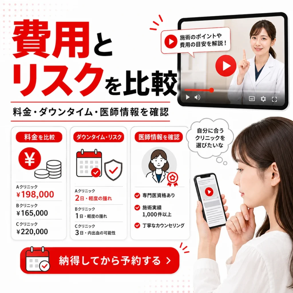 YouTube広告を見る本人が費用やリスク、医師情報を比較している様子を示すイラスト