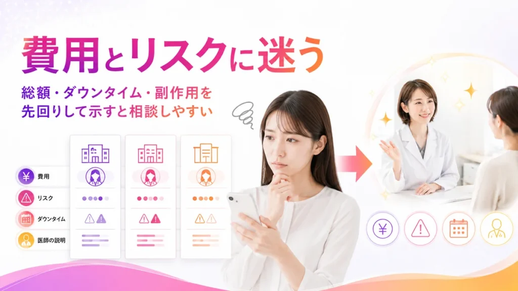 美容外科を探す人が費用やリスクで迷う場面を示すイラスト