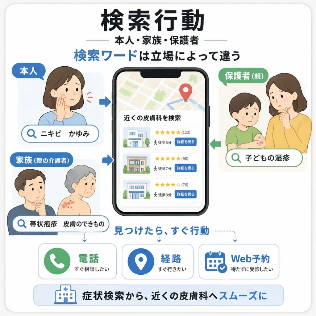 湿疹やニキビで皮膚科を探す本人・家族・保護者それぞれの検索行動を示すイラスト