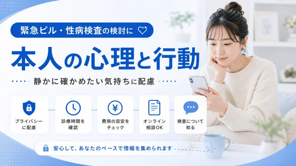 緊急ピルや性病検査を検討する本人が静かに情報を確認する様子