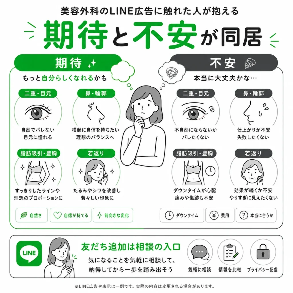 美容外科のLINE広告に触れた人の期待と不安が同居する心理を示すイラスト