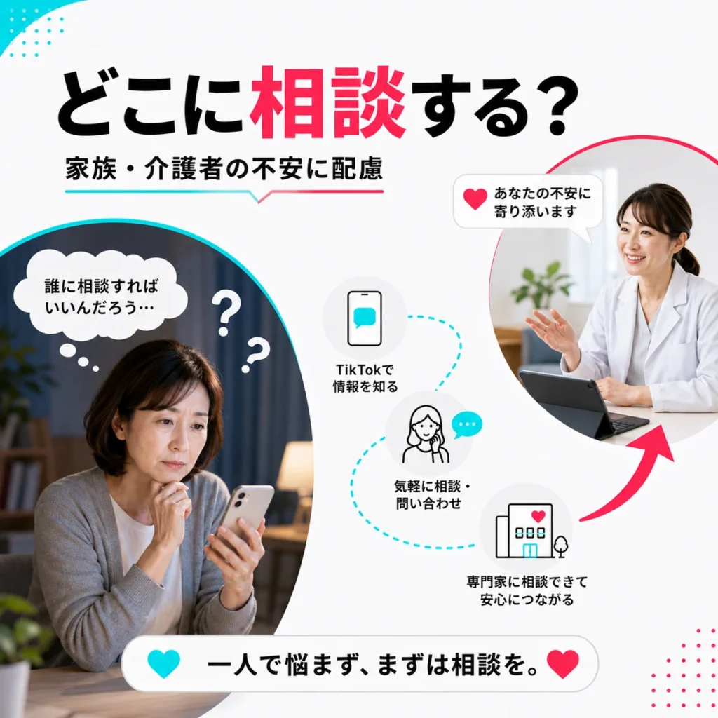 相談先が分からず不安を抱える家族や介護者が専門家へつながる流れを示すイラスト